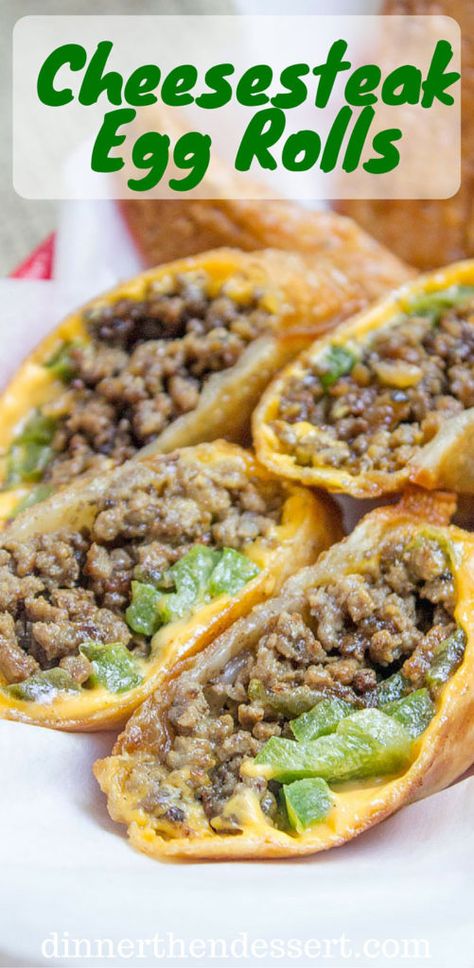 Cheesesteak Egg Rolls have all the flavors of the classic Philly Cheese Steak Sandwich in a crispy shell and made with ground beef! So easy to make and they taste...AMAZING. Egg Roll Variations, Chinese Fast Food, Philly Cheese Steak Sandwich, Jeff Mauro, Cheese Steak Sandwich, Cheese Steak, Egg Roll Recipes, Philly Cheese, Pot Stickers