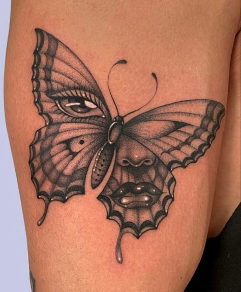 Butterfly Person Tattoo, Butterfly Add On Tattoo, Butterfly Over Face Tattoo, Side Stomach Tattoos Black Women, Tattoo Back Japanese, Butterfly Tattoo With Eyes, Butterfly Eyes Tattoo, Butterfly Coverup Tattoo, Eye Butterfly Tattoo