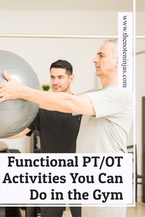 Functional occupational therapy and physical therapy activities you can do with your patients in the gym. Check out www.thenoteninjas.com for more patient-centered PT and OT treatments for geriatric physical therapists, geriatric occupational therapists and PT students and OT students. #physicaltherapystudent #occupationaltherapystudent #geriatricphysicaltherapy #geriatricoccupationaltherapy #dptstudent #otstudent #PTtreatment #OTtreatment #PTtreatmentideas #OTtreatmentideas Occupational Therapy Home Exercise Program, Standing Balance Occupational Therapy, Endurance Activities For Adults Occupational Therapy, Balance Activities Occupational Therapy, Occupational Therapy Snf, Occupational Therapy Activities For Adults, Inpatient Rehab Occupational Therapy, Snf Occupational Therapy Activities, Occupational Therapy Activities Adults