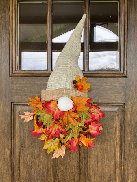 Autumn Gnome Door Hanger, Gnome With Fall Leaves Beard, Gnome With Leaf Beard, Gnome Leaf Wreath, Leaf Gnome Wreath, Fall Gnome Wreath With Leaves, Leaf Gnome Craft, Gnomes Crafts Wood, Fall Gnome Door Hanger