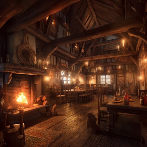 Tavern Concept Art Interior, Tavern Fantasy Art Interior, Medieval Inn Interior, Dnd Tavern Interior, Inn Aesthetic Medieval, Tavern Dnd Art, Fantasy Tavern Interiors, Medieval Tavern Concept Art, Fantasy Home Concept Art