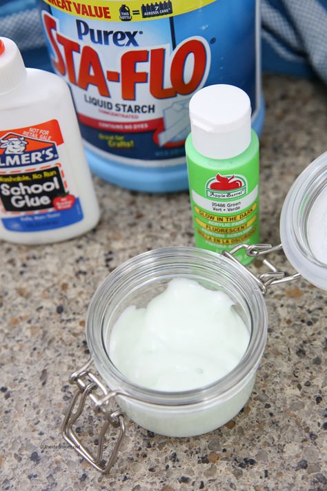 ingredients needed to make glow-in-the-dark-slime Glow In Dark Slime, Glow In The Dark Games, Ghost In The Graveyard, Kick The Can, Slime Without Borax, Can Game, Homemade Slime Recipe, Borax Slime, Stem Projects For Kids