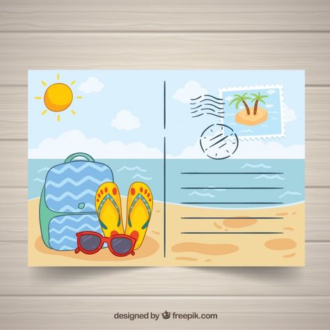 Hand drawn summer post card template with beach Post Card Ideas Creative, Post Card Design Ideas, Post Card Design Creative, Draw Template, Postcard Design Inspiration, Postcard Drawing, Post Card Design, Postcard Layout, Bookshelf Art