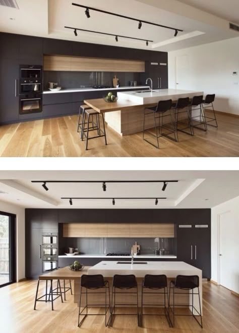 12 Ft Island Kitchen, Wood Coastal Kitchen, Minimalist Kitchen With Island, Kitchen With Tall Ceilings, Decorating Ideas For Kitchen, Kitchen Ideas Decor, Modern Industrial Kitchen, Model Dapur, Interior Dapur