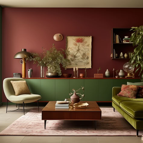 Green And Burgundy Interior, Green And Red Home Decor, Burgundy Color Combinations Living Room, Plum And Green Living Room, Cozy Red Living Room, Wine Color Living Room, Green Maroon Color Palette, Burgundy And Pink Living Room, Burgundy Sofa Living Room Color Schemes