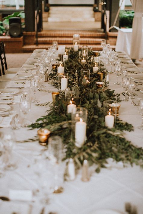 Winter Wedding Table Settings Centerpieces, Candles And Garland Centerpiece, Candles And Eucalyptus Centerpiece, Lambs Ear Table Decor, Greenery Wedding Reception Tables, Green Garland Round Table, Winter Wedding Simple Centerpieces, Winter Greenery Table Runner, Simple December Wedding Centerpieces