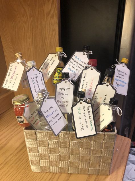 I put this gift basket together for my boyfriend’s 21st birthday using alcohol shooters, and cute notes that used the name of the alcohol in them!!! Diy Gift For 21st Birthday, 21 Presents For 21st Birthday Boyfriends, 21st Bday Shooters Gift, 21 Boyfriend Birthday Ideas, Hangover Basket 21st Birthday, 21st Birthday Gift For Boyfriend, Shooters Gift Ideas, Men’s 21st Birthday Present, 21st Birthday Shooter Basket