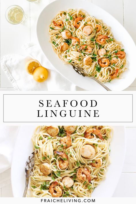 Seafood Linguine White Wine Sauce, White Wine Linguine, Seafood Linguine White Wine, Easy Seafood Linguine Recipe, Seafood Pasta White Sauce, Shrimp And Scallop Recipes Pasta Seafood Linguine, Seafood Pasta In White Wine Sauce, Garlic Olive Oil Seafood Pasta, Scallops Pasta White Wine