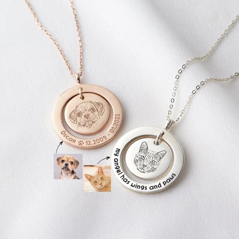 "This necklace can be personalized with your pet portrait, pet name on the front, together with a short message on the back. Bring it immediately to your cart to spread this love to anyone in your family. ► PRODUCT INFORMATION * Material: Solid 925 Sterling Silver * Finishing: Silver - Yellow Gold - Rose Gold * Word limits: up to 6-8 words on the back. * Necklace length: You can choose up to 24 inches * Item comes in a beautiful gift box, ready to be gifted. ► HOW TO ORDER & ADD PERSONALIZATION Engraving Ideas, Portrait Necklace, Pet Jewelry, Pet Memorial Jewelry, Pet Photos, T Max, Dog Memorial Gift, Cat Mom Gifts, Pet Loss Gifts