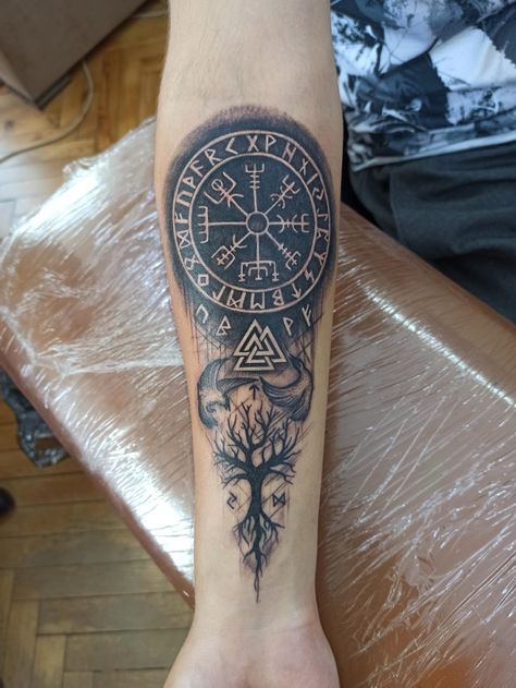 Yggradsil Tattoo, Viking Compass Tattoo Men, Men Feather Tattoo, Viking Gods Tattoo, Arm Tattoo Viking, Nordic Tattoo Ideas, Viking Compass Tattoo, Aztec Tattoos Sleeve, The Helm Of Awe