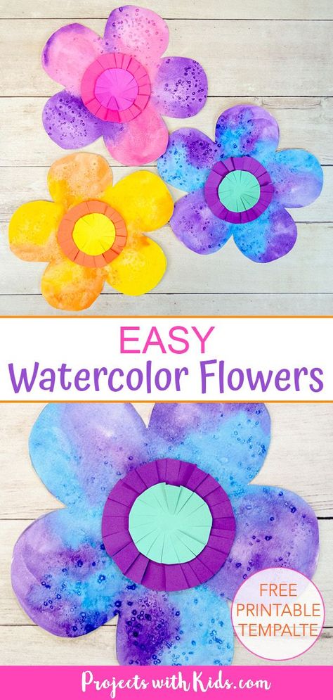 These easy watercolor flowers are a fun and colorful art project for kids of all ages! An excellent beginner watercolor project using easy techniques. Free printable template included. Easy Watercolor Flowers, Flowers For Kids, Colorful Art Projects, Spring Arts And Crafts, Spring Crafts Preschool, Spring Flower Crafts, Beginner Watercolor, May Crafts, April Crafts