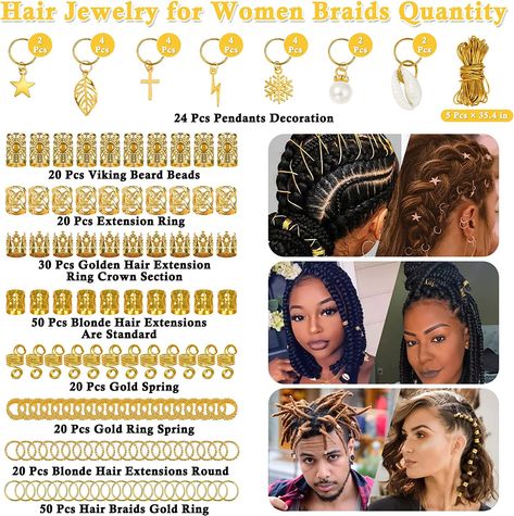 Lucomb hair jewelry: 259 pcs of various styles of braid hair charm including 24 x 6 shapes (star, leaf, snowflake, cross, lightning, shell, pearl) DIY hair braid ring pendants decoration, 5 ropes gold wires every 35.4 inches), 30xgold crown,20xgold springs,20xgold pattern circle ring spring, 20x coil spring gold,50x gold hair extension crown, 20x gold braids circle,20x gold hair braids extension, and 50x gold ring. Jewelry For Hair, Gold Braids, Jewelry For Braids, Beads For Hair, Hair Charm, Hair Jewelry For Braids, Hair Braid Rings, Pearl Diy, Rings Pearl