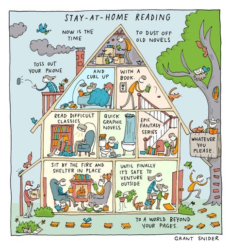 Grant Snider, Home Reading, Library Quotes, Reading Posters, Introverts Unite, Reading At Home, Book Cafe, Awesome Quotes, Lukisan Cat Air