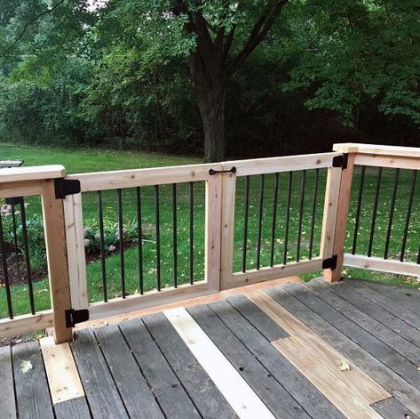 Wood Frame With Metal Balusters Design Ideas For Deck Gate Deck Gate Ideas, Patio Gates, Porch Gate, Deck Gate, Aluminum Balusters, Metal Balusters, Backyard Gates, Gate Ideas, Building A Porch