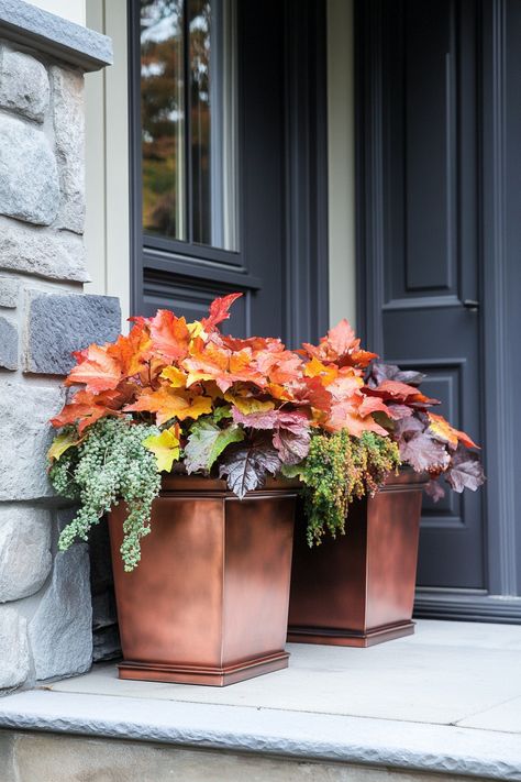 Fall Artificial Planters Front Porches, Planter For Front Porch, Artificial Fall Planter Ideas, Fall To Winter Planters, Fall Whiskey Barrel Planter, Fall Urns For Front Porch, Fall Planters Front Porches, Fall Potted Plants, Evergreen Planters