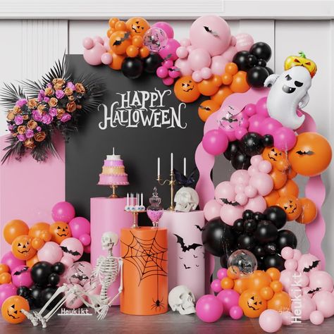 Halloween Balloon Arrangements, Cutesy Halloween Decor, Pink And Black Halloween Decor, Boo Day Party, Halloween Balloon Garland, Halloween Balloons Decorations, Day Party Decorations, Balloon Accessories, Rainbow Halloween