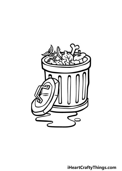 How To Draw A Trash Can – A Step by Step Guide Trash Bag Drawing, Trash Bin Drawing, Trash Can Doodle, Trash Doodle, Garbage Drawing, Trash Can Illustration, Trash Can Drawing, Trash Can Art, Trash Drawing