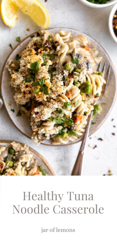 Tuna noodle casserole served on a lunch plate with a fork. High Protein Tuna Noodle Casserole, Tuna Artichoke Casserole, Whole 30 Tuna Casserole, Healthy Tuna Helper Recipe, Tuna Casserole Recipes Healthy, Healthy Tuna Recipes Clean Eating, Ground Tuna Recipes, Tuna And Noodles Recipe, Healthy Tuna Bake