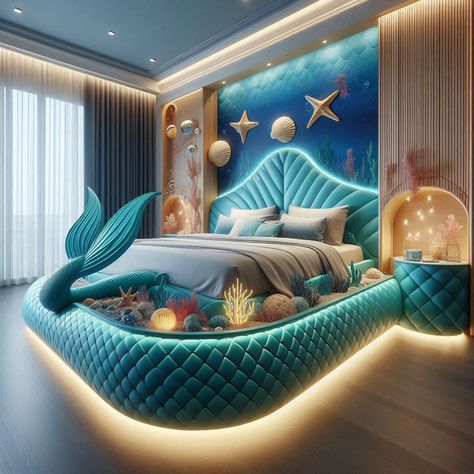 Mermaid Inspired Bed Mermaid Room Aesthetic, Fun Beds, Mermaid Bed, Mermaid Themed Bedroom, Amazing Beds, Dream Bedroom Luxury, Mermaid House, Kids Room Bunk Beds, Blue Kids Room