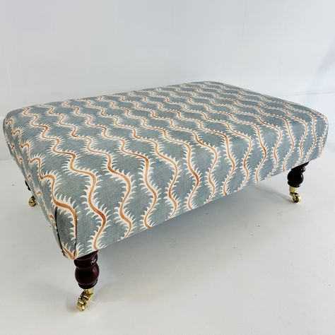 A contemporary handcrafted coffee table footstool in a beautiful linen called 'Helter Skelter' from the Linwood Small Prints II collection. This stylized fern design brings a subtle yet sophisticated style to any interior. Created with premium turned mahogany legs and brass castors for a touch of luxury.Available in 2 sizes, pictured above is the large.Made to order in our Somerset workshop. not given 100% Linen Cheyne Walk, Osb Wood, Upholstered Coffee Tables, Linwood Fabrics, Large Footstools, Coffee Table Ottoman, Fern Design, Footstool Coffee Table, Upholstery Ideas