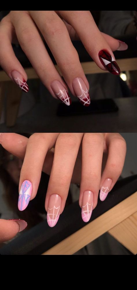 Peter Parker and Gwen Stacy Spidergwen Nail Art, Miles And Gwen Nails, Gwen Stacy Nails Designs, Gwen Nails Spiderman, Spider Man French Tip Nails, Ghost Spider Nails, Gwen Stacy Nails, Spider Gwen Nails, Gwen Nails