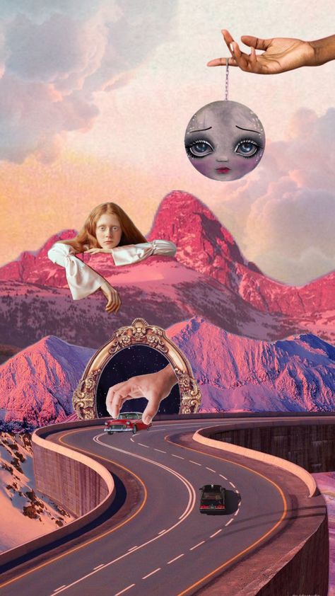 222 #surrealism #surreal #surrealist #surrealismart #surrealistart #wallpaper #background #retrofuturism #poster #vintageposter #nature #sunset #pink Surrealist Art Surrealism Paintings, 222 Pink, Time Travel Art, Surreal Art Painting, Surrealist Collage, Surreal Collage Art, Nature Collage, Art Assignments, Collage Kunst