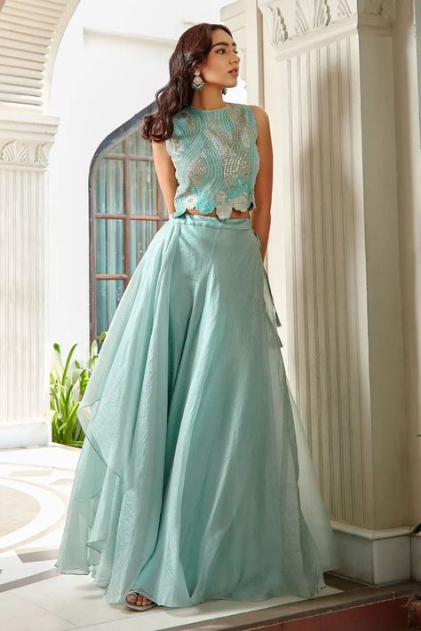 Teal Blue Organza Embroidered Crop Top And Layered Lehenga Set Pastel Lehenga Simple, Lehenga Designs For Teens, Indian Top And Skirt, Simple Crop Top Lehenga, Organza Crop Top Lehenga, Double Layered Lehenga, Green Crop Top Outfit, Crop Top And Lehenga, Pastel Saree