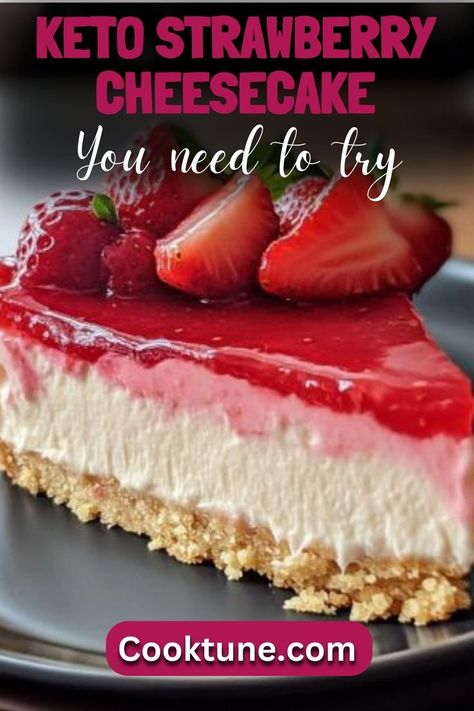 This creamy, low-carb Keto Strawberry Cheesecake features a delightful almond flour crust, rich cheesecake filling, and a fresh strawberry topping. Perfect for satisfying your sweet tooth while staying keto-friendly! Lakanto Recipes, Keto Strawberry Cheesecake, Keto No Bake, Dessert Parfait, Keto Chocolate Cake, Postre Keto, Low Carb Cheesecake, Low Carb Treats, Keto Friendly Desserts