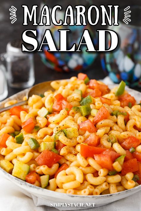 A bowl of macaroni salad. Easy Macaroni Salad, Crunchy Veggies, Dressing Salad, Cold Salads, Chicken Caesar Pasta Salad, Simply Stacie, Savory Sides, Side Salads, Easy Macaroni