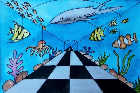 Its an amazing perspective drawing to show the underwater aquarium. Process video is available on you tube Perspective Lessons, Art Education Projects, 6th Grade Art, 4th Grade Art, 5th Grade Art, Beginner Art, Point Perspective, Ecole Art, Perspective Art