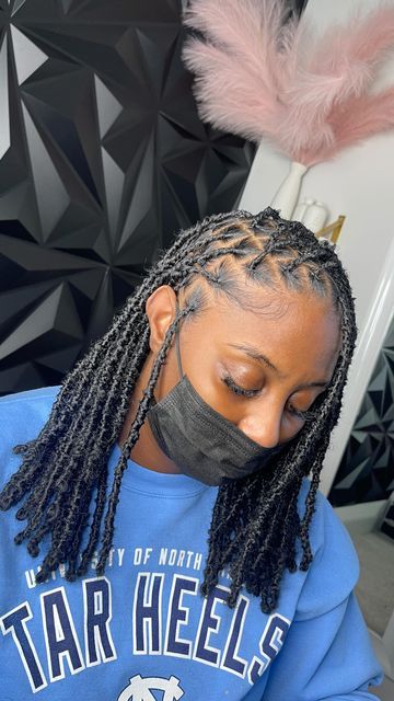 Faux Locs Styles Small, Shirt Soft Locs, Short Locs Faux Hairstyles, Soft Locs Short Length, Distressed Soft Locs Short, Small Short Faux Locs, Locs With Wrapped Ends, Small Short Soft Locs, Soft Locs Back Length