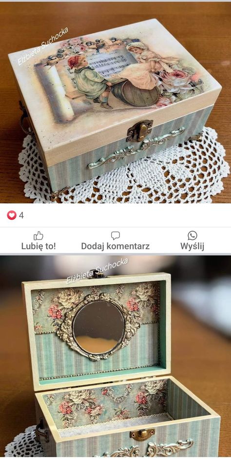 Craft Room Vintage, Decoupage Jewelry Box Ideas, Craft Box Ideas, Decoupage Box Vintage, Wooden Box Crafts, Puppy Crafts, Decoupage Jewelry Box, Hand Painted Wooden Box, Jewelry Box Makeover