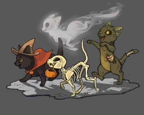 A picture of four kittens, one in a witches hat with a cape, a skeleton kitten with a pumpkin, a ghost kitten, and a zombie kitten. Halloween spooky themed. Asthetic drawing. Zombie Cat, Arte Monster High, Cartoon Cats, Chat Halloween, Stickers Kawaii, Halloween Drawings, Cat Drawing, Halloween Cat, Halloween Art