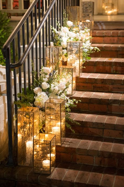 And the rest of the glamorous details are stunning too... Oooo shrimp ice waterfall! Wedding Staircase, Candles And Flowers, Lantern Centerpiece Wedding, Decoration Evenementielle, Wedding Lanterns, Desi Wedding, Lanterns Decor, Wedding Aisle, Wedding Deco