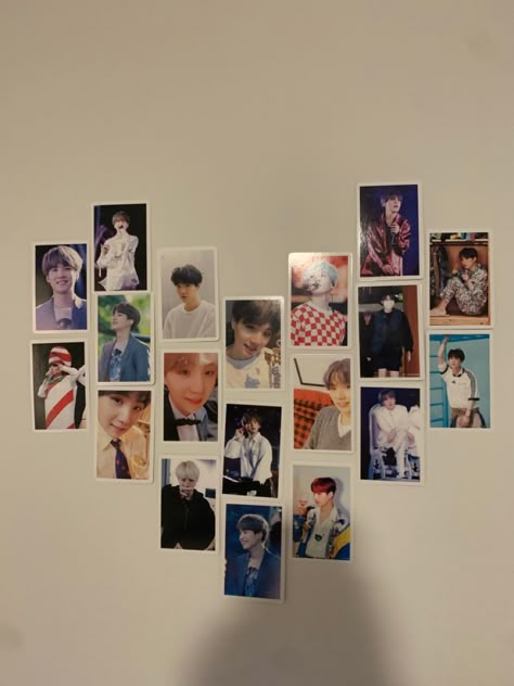 Photocard Heart On Wall, Kpop Door Decor, Photocard Wall Decor, Army Room Decor, Polaroid Wall, Diy Room Decor For Teens, Easy Diy Room Decor, Army Room, Cute Diy Room Decor