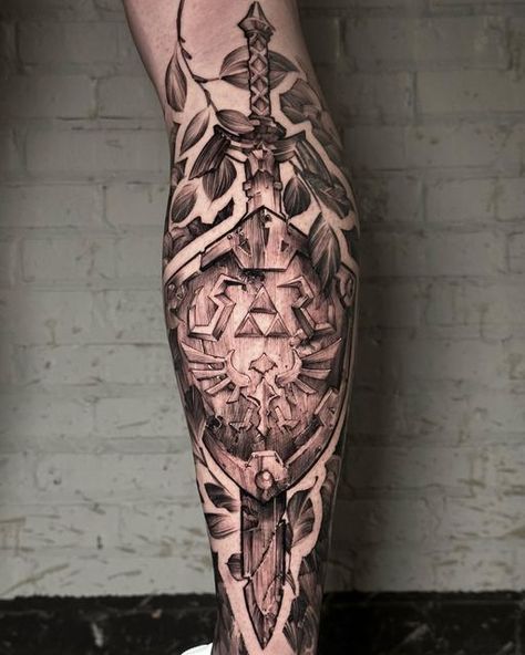 Zelda Forearm Tattoo, Hyrule Shield Tattoo, Legend Of Zelda Sleeve Tattoo, Master Swordsman Zelda Tattoo, Hylian Shield Tattoo, Philly Tattoo, Hyrule Field, Legend Of Zelda Tattoo, Sleeve Inspiration