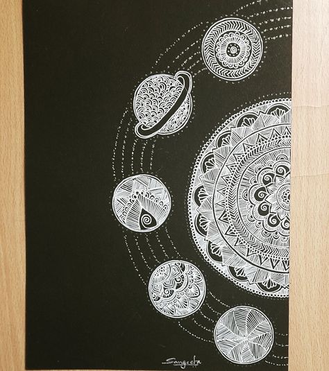 Mandala Art on Solar System Solar System Mandala, Mandala Art On Black Paper, Mandala On Black Paper, Solar System Drawing, Book Cover Page Design, Solar System Art, Mandala Ideas, Easy Mandala, Easy Mandala Drawing