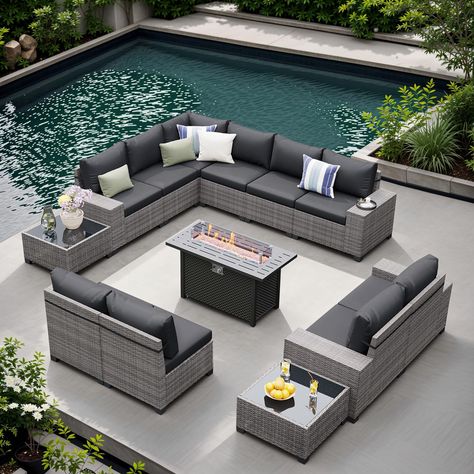 PRICES MAY VARY. Durable and Stylish Outdoor Living - Elevate your outdoor entertainment with JOIVI's 13-piece patio furniture set, meticulously crafted from high-quality PE rattan and a stainless steel fire pit. This elegant outdoor sofa set also boasts a corrosion-resistant construction that promises up to two years of resilience against wear and tear. Ideal for frequent hosts, it combines durability with luxurious styling, ensuring that your outdoor spaces remain beautiful and functional for Outdoor Patio Sectional Ideas, Patio Furniture Ideas Small Space, Modern Wicker Patio Furniture, Outdoor Sofa Table, Wicker Outdoor Sectional, Stainless Steel Fire Pit, Outdoor Sofa Set, Wicker Patio Furniture Set, Backyard Furniture