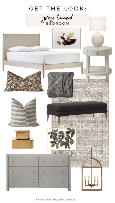 Gray Bedroom Dresser, Grasscloth Nightstand, Bedroom Gray And White, Modern Gray Bedroom, Grasscloth Dresser, Bedroom Inspirations Dark, Gold Accents Bedroom, Nuloom Rug, Nightstand Round