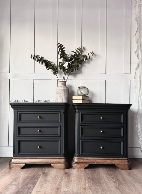 SOLD Rich Matte Black Nightstands Shipping NOT Included in Price. Please DM for Shipping Quote Before Purchasing - Etsy Wood Top Nightstand, Wood And Black Nightstand, Diy Distressed Black Furniture, Black Accent Master Bed, Matt Black Furniture, Brown Bed Black Nightstand, Black Dresser And Nightstand Set, Black Two Tone Dresser, Repurposed Long Dresser