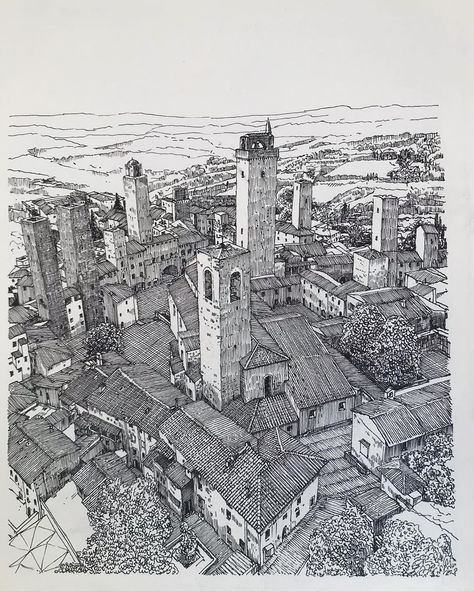 Hashing Drawing, Architecture Drawing Landscape, Dystopian City Drawing, Italian Buildings Drawing, City From Above Drawing, Arial Drawing, Buildings From Above, Town From Above, Town Sketch