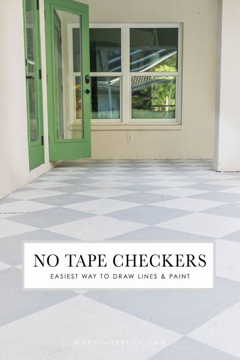 Diamond Pattern Painted Floor, How To Paint Squares On A Floor, Painted Floor Ideas Cement, Painted Patio Floor Concrete, Painted Outdoor Cement, Blue Front Porch Floor, Navy Blue Porch Floor, Painted Concrete Floors Checkerboard, Checkered Floor Screened In Porch