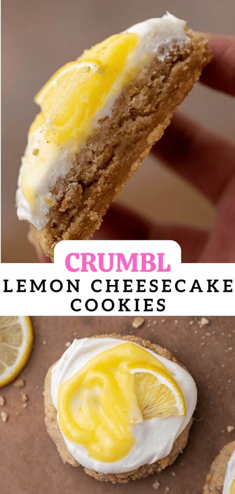 These Crumbl lemon cheesecake cookies are made wth a graham cracker cookie base, lemon cream cheese frosting, and a delicious swirl of lemon curd. Lemon Cheesecake Cookies, Crumbl Cookie Recipe, Lemon Cream Pie, Cheesecake Cookies Recipes, Crumble Cookie Recipe, Lemon Cheesecake Recipes, Graham Cracker Cookies, Lemon Crinkle Cookies, Lemon Cheese