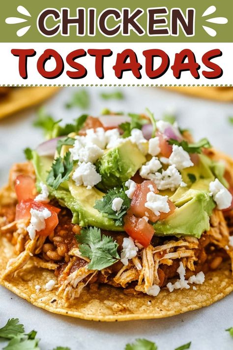 With crispy shells, flavorful chicken, creamy beans, and fresh toppings, these chicken tostadas are sure to become a family favorite! The combination of textures and flavors can't be beat. Chicken Tinga Tostadas, Chicken Tinga Tacos Recipe, Tinga Tostadas, Baked Tostadas, Creamy Beans, Tinga Tacos, Tostada Recipes, Chicken Tinga, Mexican Corn Salad