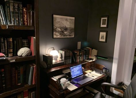 Dark Academia Studying, Studying Literature, Dark Academia Office, Literature Classics, Academia Office, Books Novels, Aesthetic Dark Academia, House Room, Room Setup