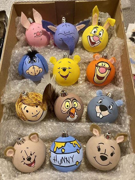 Winnie The Pooh Lovers | Hi everyone! I am new to the group, and wanted to share these ornaments I just finished painting | Facebook Diy Winnie The Pooh Ornaments, Winnie The Pooh Ornaments Diy, Winnie The Pooh Gift Ideas, Winnie The Pooh Ornaments, Pooh Christmas, Ornaments Ideas, Winnie The Pooh Christmas, Vintage Winnie The Pooh, Painted Ornaments