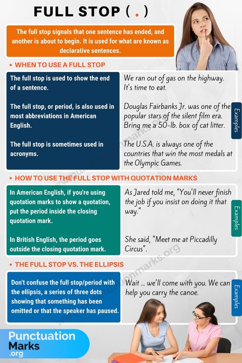 Full Stop (. ) When to Use a Full Stop (UK) / a Period (US) - punctuationmarks.org Full Stop Punctuation, English Punctuation, Punctuation Rules, Grammar Tips, Teaching English Grammar, Full Stop, Grammar And Punctuation, Essay Writing Skills, Learn English Grammar