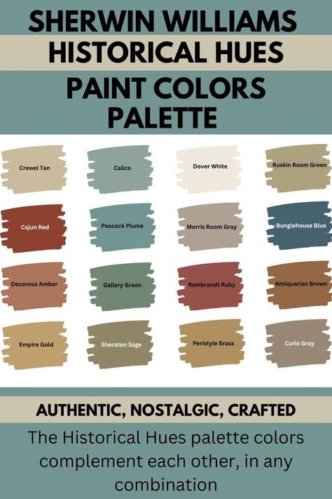 Sherwin Williams Parisian Patina, Sherwin Williams Magical Paint Color, Sherwin Williams Cedar Color Paint, House Color Combination Interior, Sherwin Williams Historical Exterior Paint Colors, Sw Historic Paint Colors, Historic Home Color Palette, 1970s Paint Colors, Vintage Wall Paint Colors