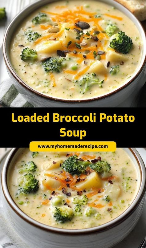 This Loaded Broccoli Potato Soup is a hearty and creamy dish packed with cheese, broccoli, and tender potatoes. Perfect for a cozy night in Broccoli Potato Soup Recipes, Broccoli Potato Cheese Soup, Loaded Broccoli, Hearty Chicken Soup, Crunchy Broccoli, Broccoli Potato Soup, Soup Hearty, Broccoli Potato, Cheese Broccoli