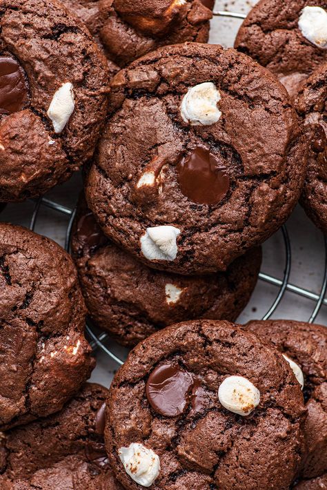 Surprisingly easy brownie-like chocolate marshmallow cookies are a fun twist on a classic double chocolate cookie! Chewy, chocolate-y, and sweet. Chocolate Cookies With Peppermint, Christmas Cookie Gifts, Cookies With Marshmallows, Cookies With Peppermint, Chocolate Marshmallow Cookies, Chocolate Brownie Cookies, Christmas Cookies Gift, Marshmallow Cookies, Chocolate Marshmallow